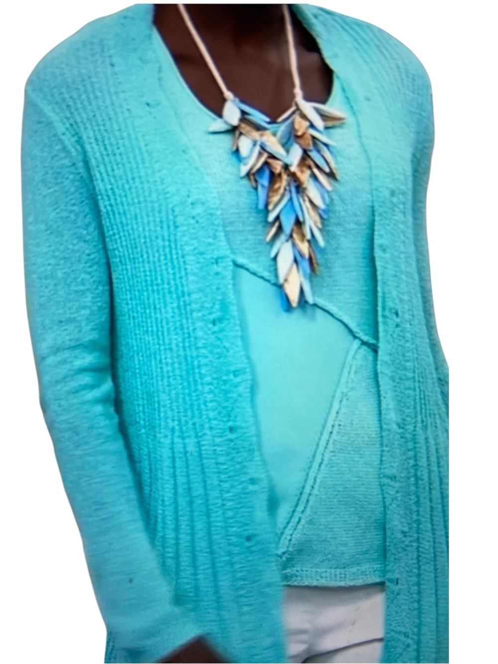 Nina Leonard Knit Long Cardigan With Uneven Hi Low Hem & Tank Robins Egg Blue M